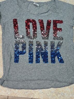 PINK Victoria's Secret Gray Tee with Red, Silver & Blue Sequins Size M GUC